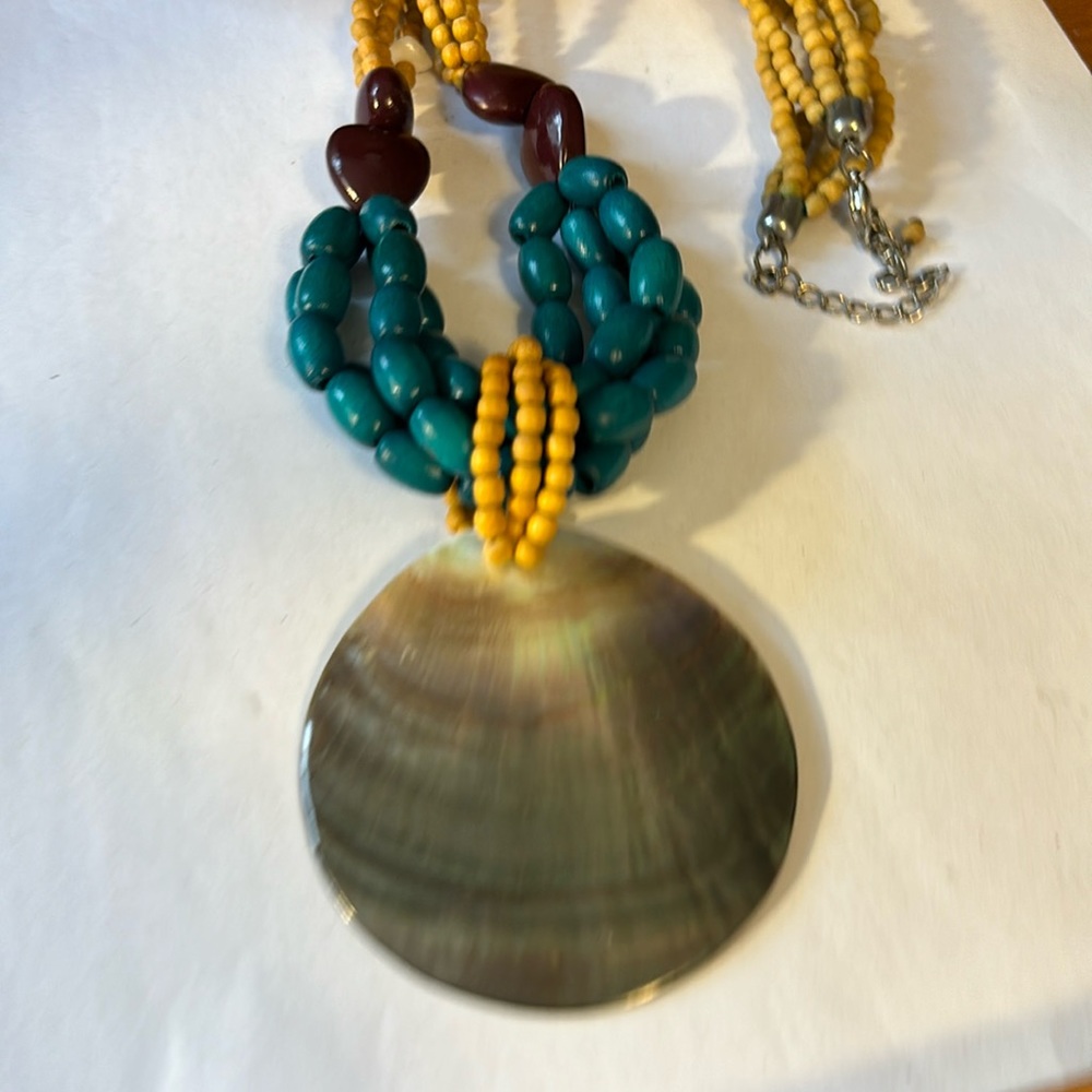 Boho Necklace with large Abalone shell wood beads multi strand design 24”.